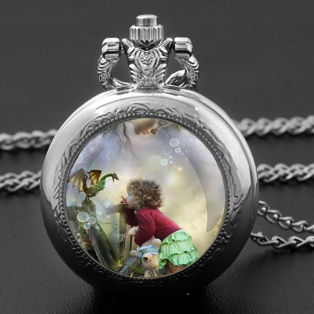 New Arrival Funny Pattern Pocket Watch Necklace Chain Pendant Necklace Quartz Watch Student Children Birthday Clock Gift