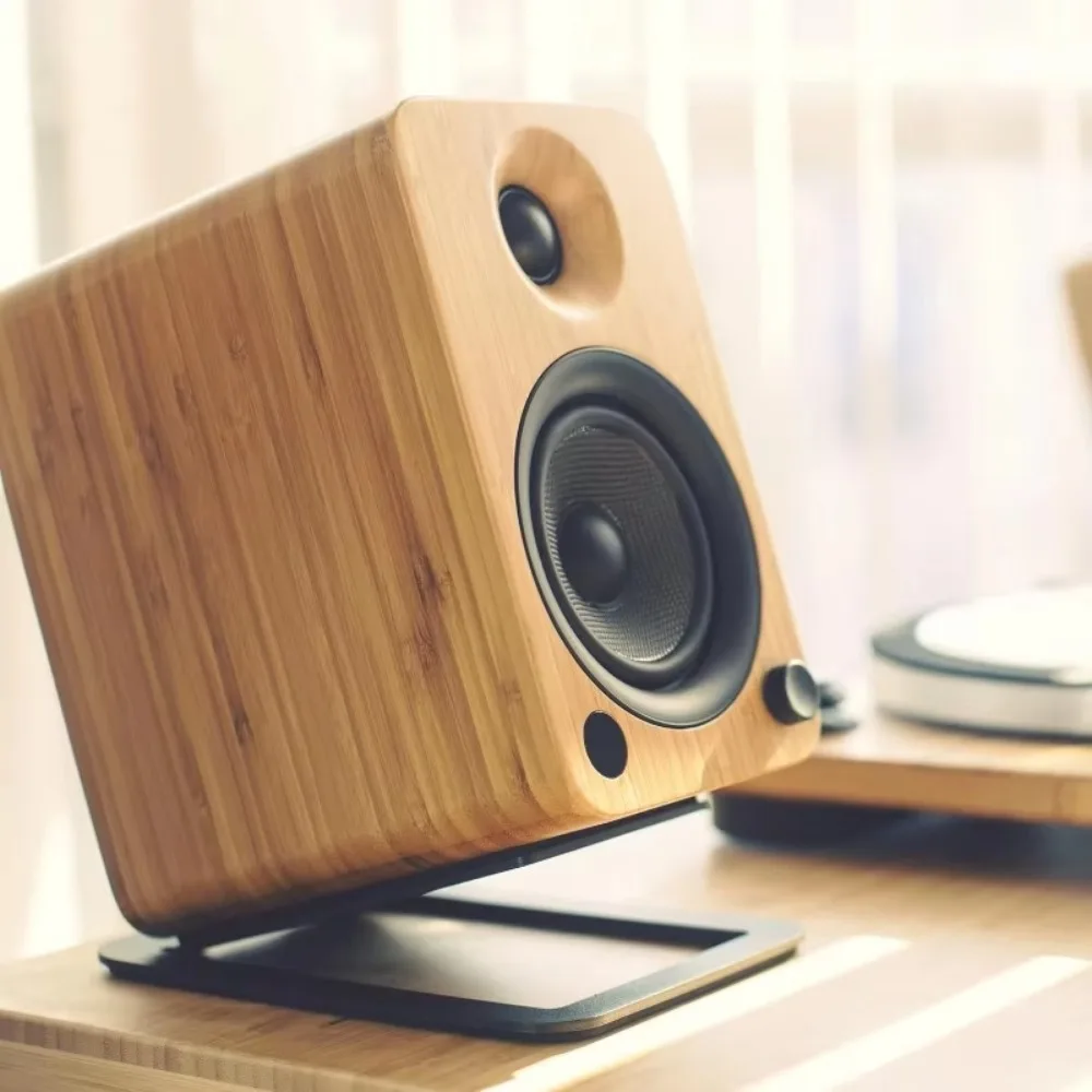 home.YU4BAMBOO Powered Speakers with Bluetooth and| Remote Included | 140W Peak Power | Pair | Bamboo