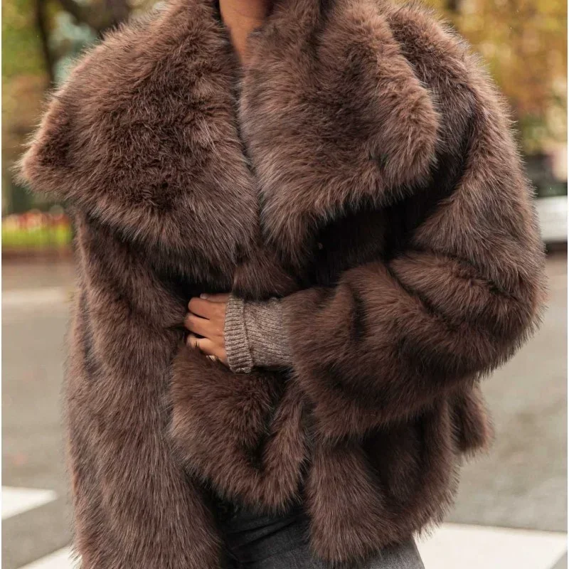 

Women's Faux Fur Coats Winter Thick Warm Solid Color Fury Jacket Female High Street Outerwear Retro Collar Long Sleeved Buttons