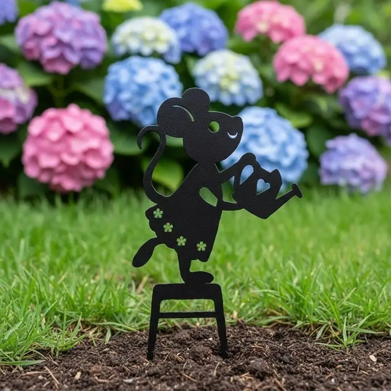 2D Flat Metal Mouse Decoration Garden Stakes Cute Mouse Garden Pot Decorations Gardening Worker Mouse Ground Inserts