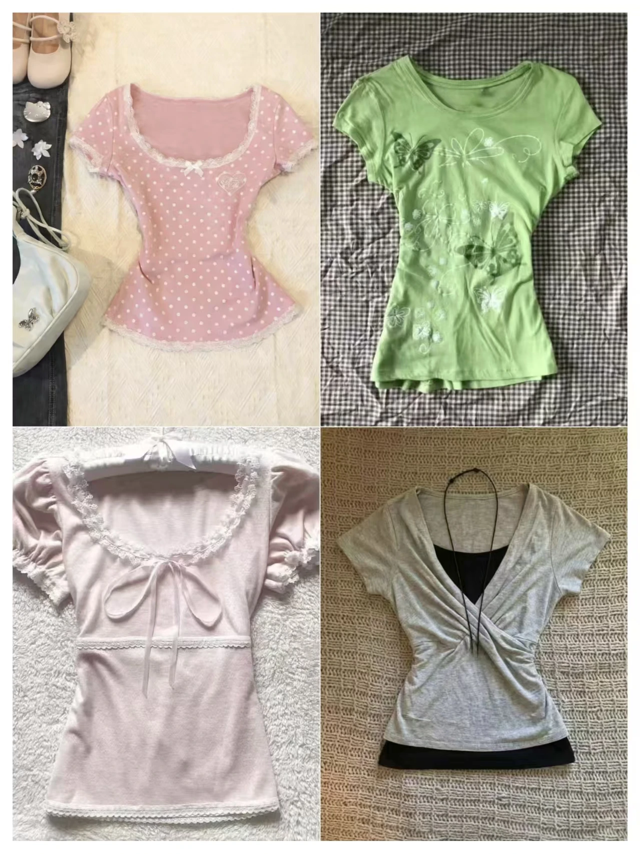 Vintage Y2K Pink Polka Dot Lace T-Shirts For Women Slim Short Sleeve Tees Harajuku Sweet Comfy Fashion Daily Tops