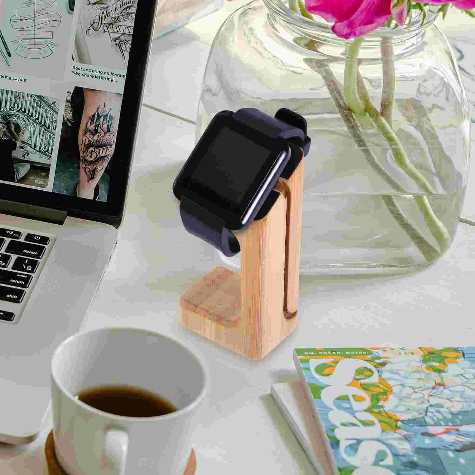 

Bamboo Wood Smart Watch Charging Dock Elegant Home Decor Wireless Station Holder Mount Unique Design Lightweight Easy