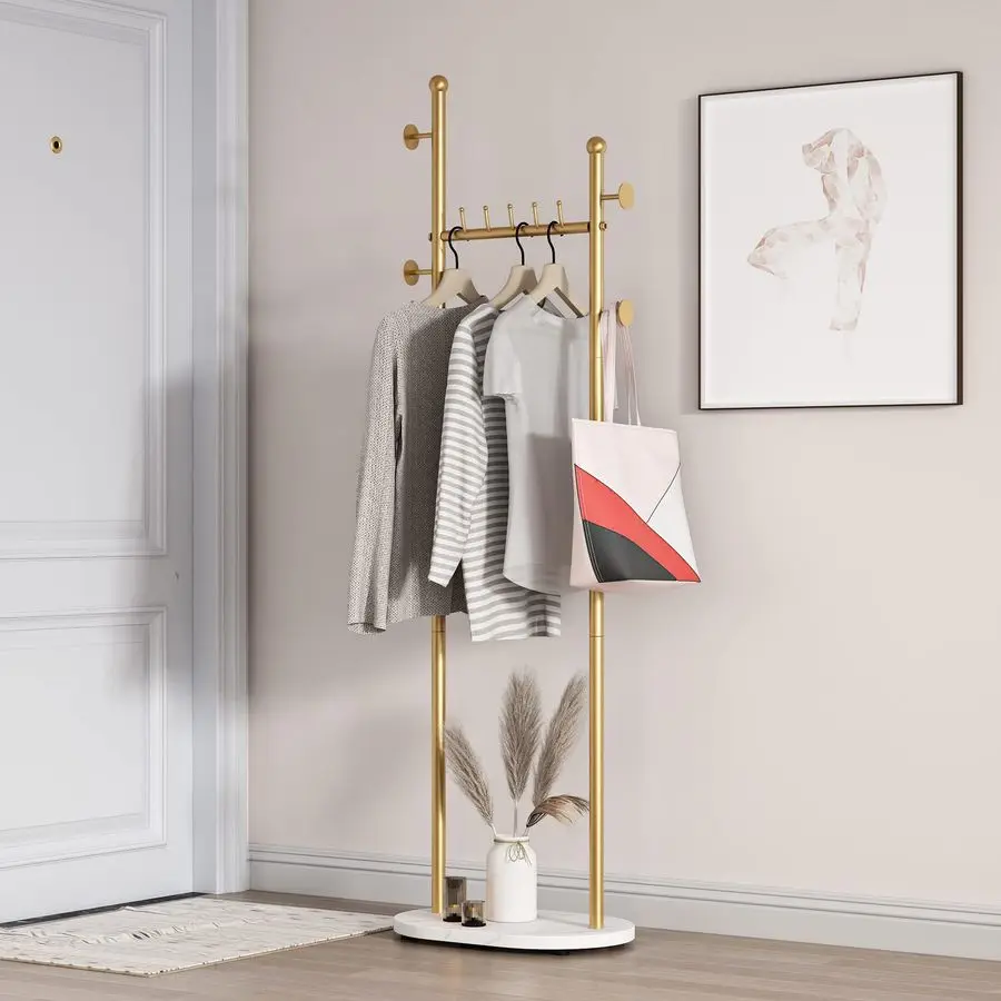 

Clothing Rack With Shelves, Gold Coat Rack Freestanding with Marble Base, Coat Hanger Hat Tree Standing Clothes Racks for Bouti