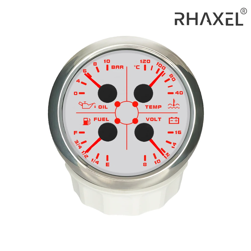 RHAXEL 4in1 Multi-Function Gauge Fuel Level Water Temperature Oil Pressure Voltmeter 12V 85mm for Yachts Sailboat Car Truck UTV