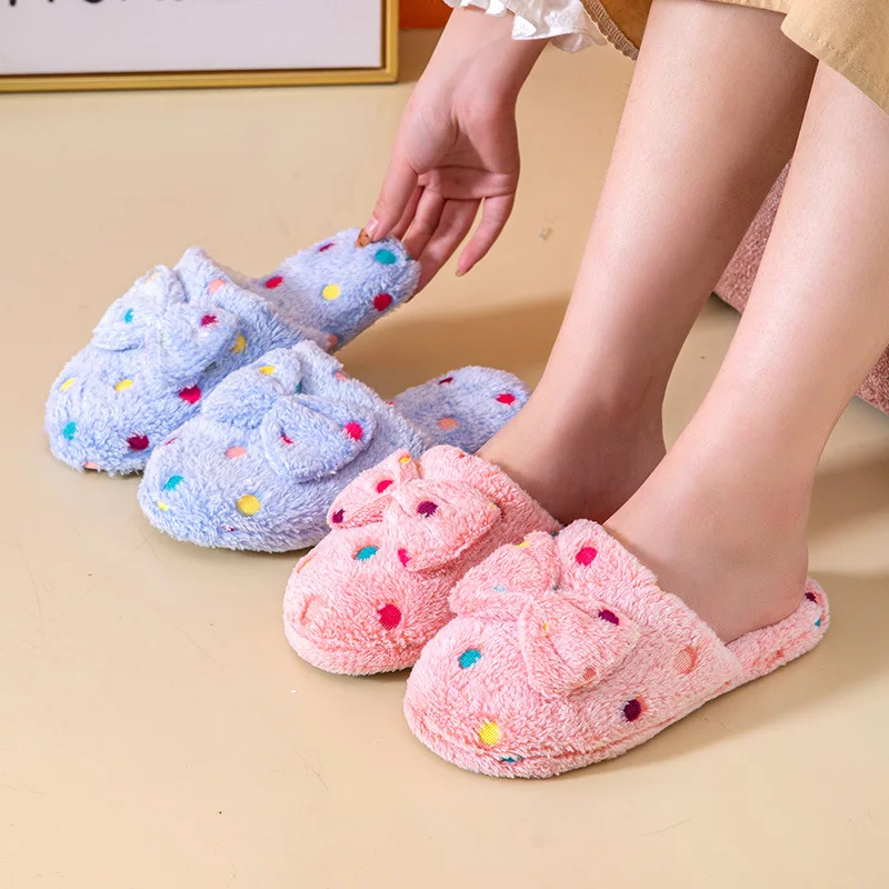 Women\'s Warm Home Slippers Cute Autumn Winter Bow Warmth Thick Plush Non-Slip Leisure Shoes Soft Bedroom Floor Flat Slides