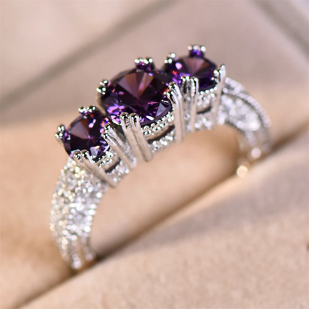 Purple Crystal Three Stone Engagement Rings For Women Trendy Silver Color Bridal Wedding Bands Fashion Jewelry Mother\'s Day Gift