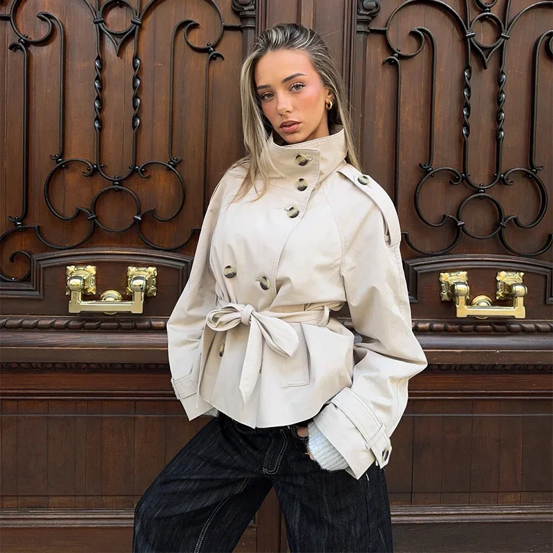 Frühlings-Damen-Trenchcoat mit Schnürung, Stehkragen, Doppelreihiger Knopfverschluss, Stilvolle Neue Damen-Jacke mit Langen Ärmeln, Streetwear-Oberbekleidung – Detail 19