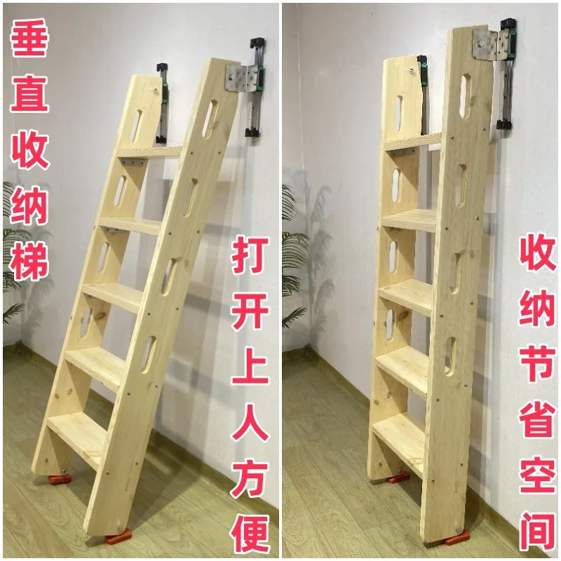 Solid Wood Foldable Telescopic Loft Ladder Wall Mounted Invisible Space Saving Retractable Attic Stairs for Home Balcony