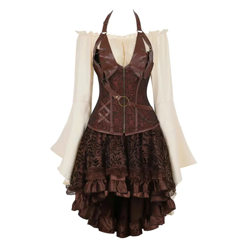 فستان مشد Steampunk للنساء مشد من الجلد الصناعي القوطي مع تنورة بلوزة من القرون الوسطى بالإضافة إلى حجم فستان زي القراصنة البني