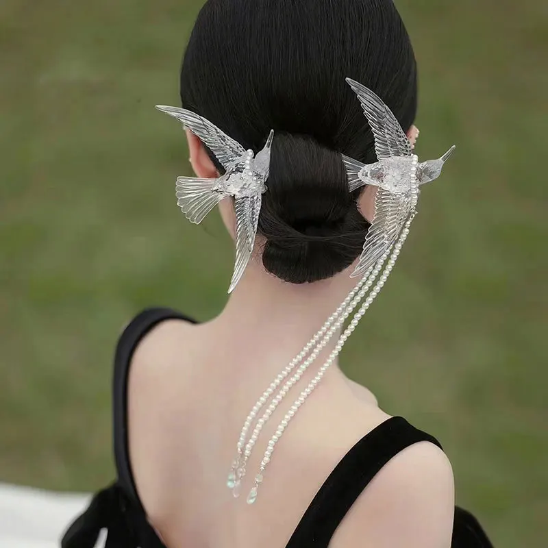 Chinese retro bridal headdress transparent resin flying bird magpie pearl walking fringed Hanfu accessories