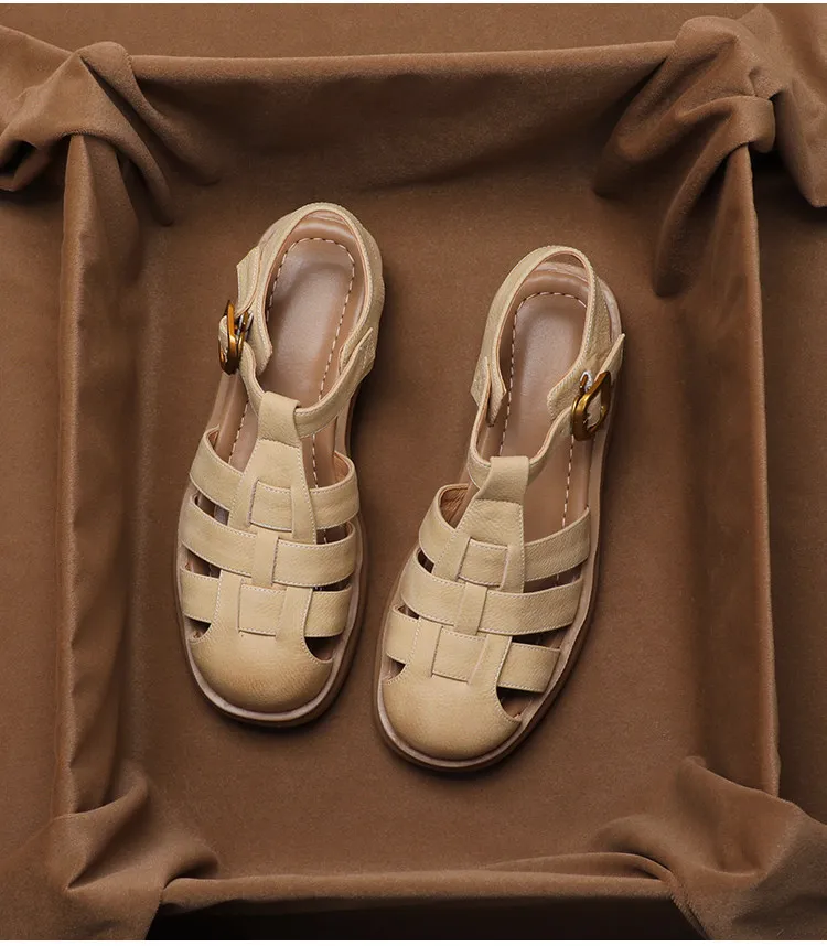 SHOEBOX Retro woven hollow leather Roman toe sandals for women's summer, new casual and fashionable thick soled pigsty shoes