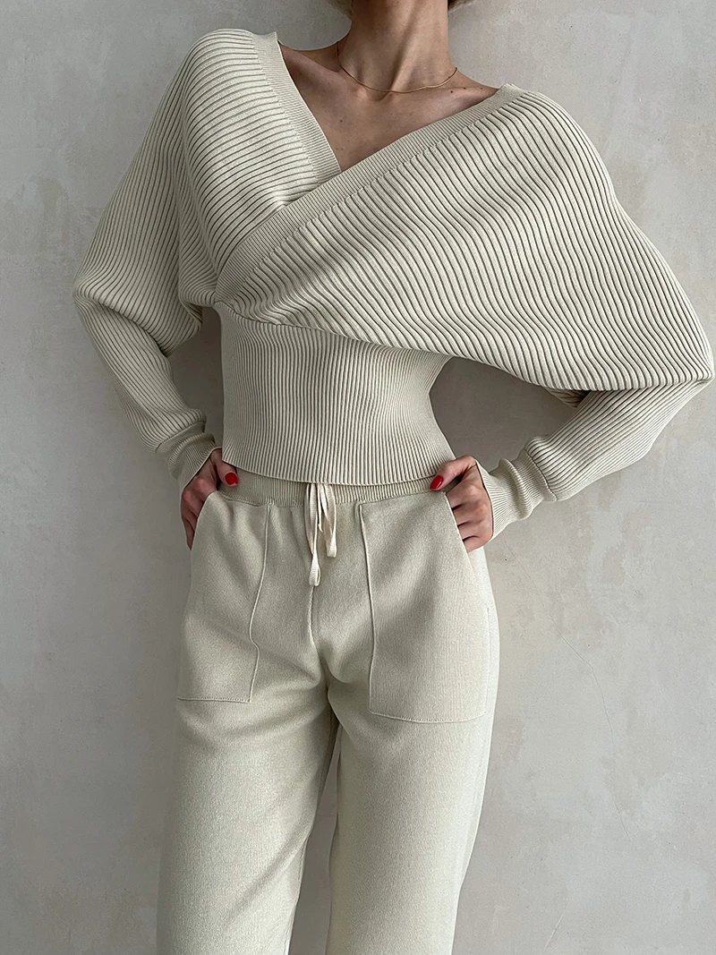Sexy Ribbed Pajama Set Women Casual Tracksuit Women Two Piece Set 2 Piece Long Sleeve Knit Sweater Pants Matching Sets For Women