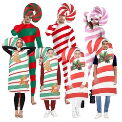 Family Matching Candy Cane Printed Zentai Bodysuit Christmas Colorful Stripe Cosplay Costume Xmas Jumpsuit Hat Holiday Xmas Suit