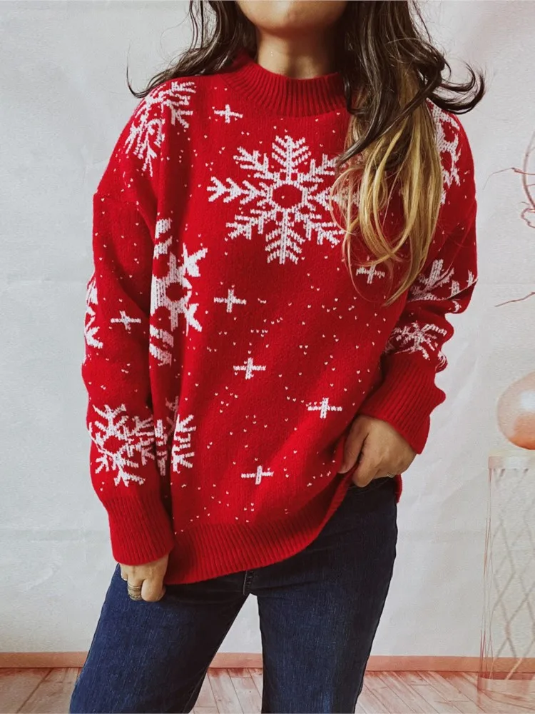Autunno e inverno nuovo fiocco di neve di Natale girocollo a maniche lunghe pullover lavorato a maglia maglione da pendolarismo elegante e versatile da donna