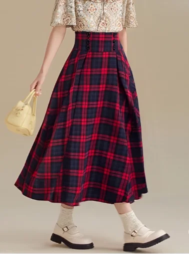 

2025 Autumn New A Line Swing Buttons Long Midi Vintage Skirt Red Green High Waist Plaid Midi Skirts for Women
