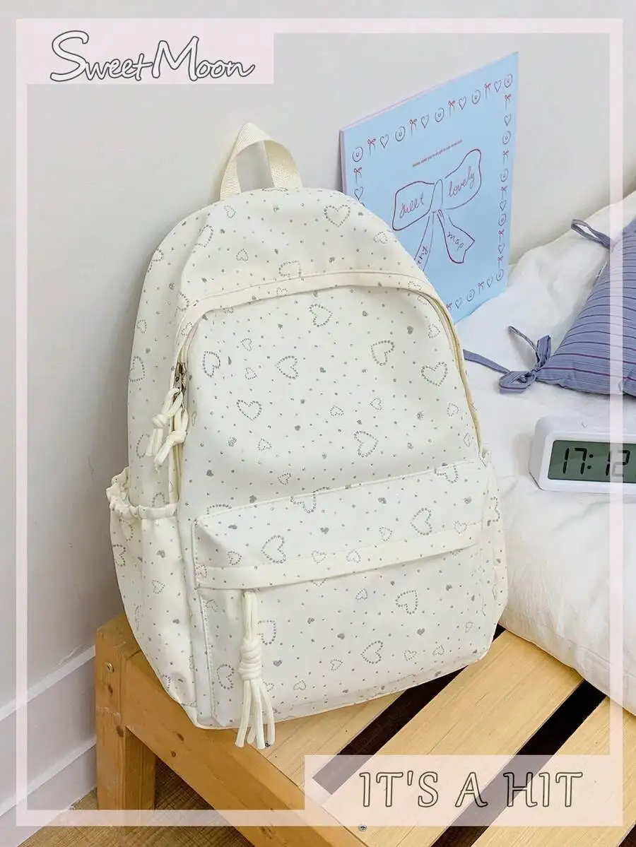 1pc Beige Nylon Casual Minimalist Heart All-Over Print Multi-Pocket Comfortable Shoulder Strap Zipper Closure Large Capacity Fol