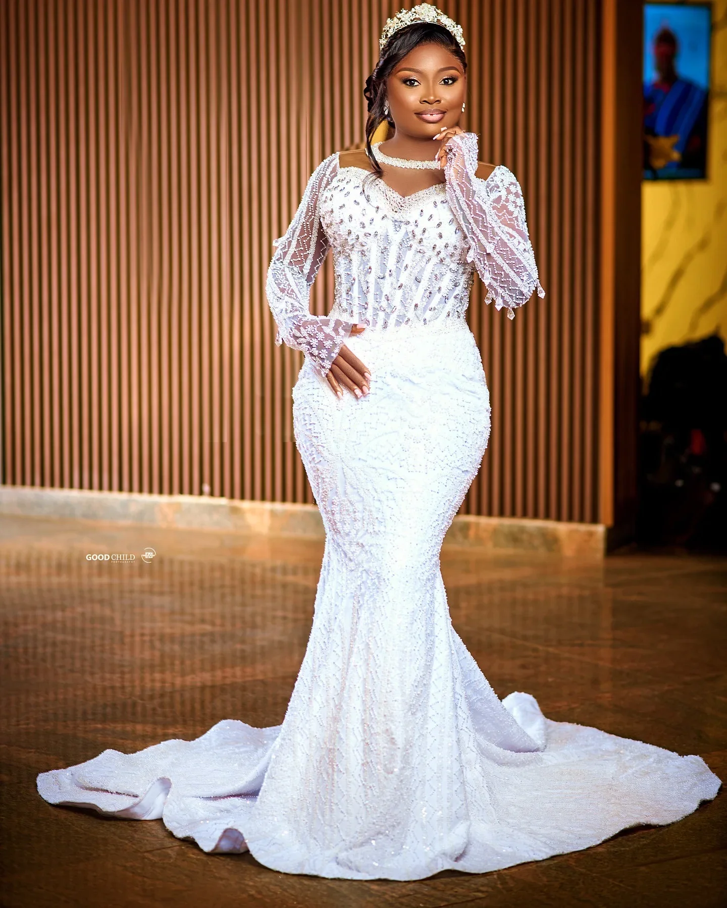 Customized High Collar Shinny Crystals Beads Mermaid Wedding Dress with Removable Skirt Long Sleeves  Corset Back Bridal Gowns