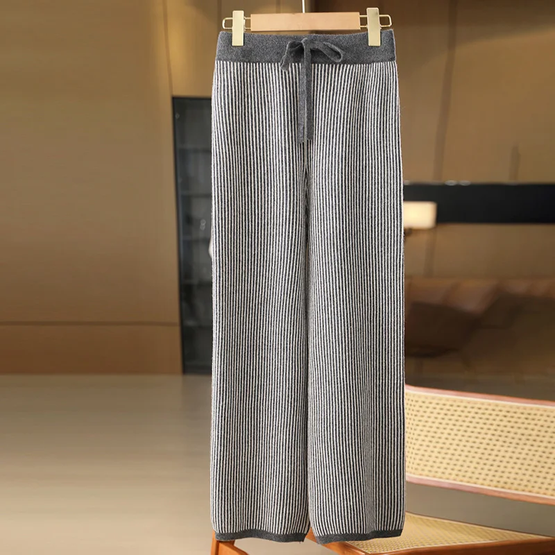 Women's Wide Leg Pants 100% Merino Wool Knitted Elastic Waist Vertical Striped Casual Fashion Trousers for Autumn Winter
