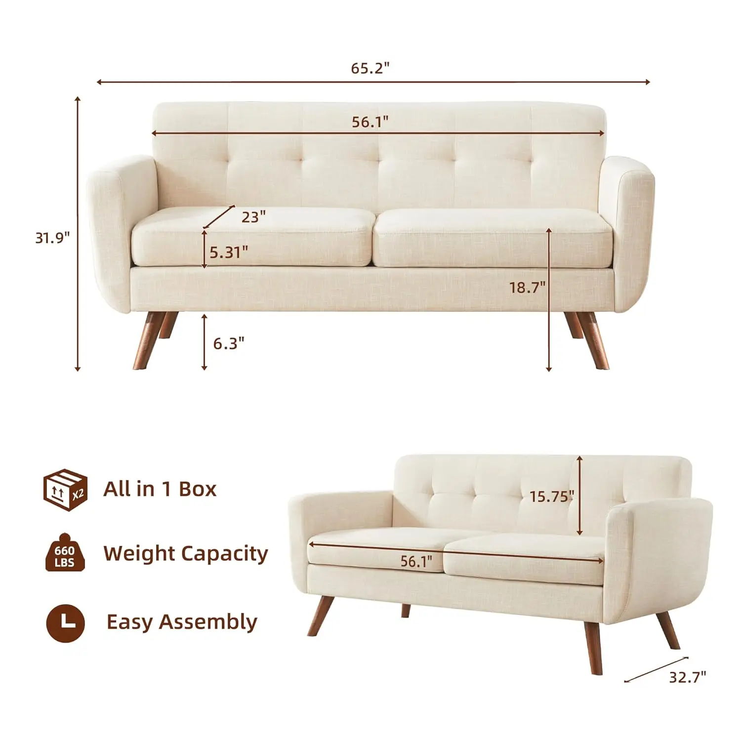 Mid Century Loveseat Sofa Button Tufted Upholstered Couch for Living Room Bedroom Solid Easy Install 65