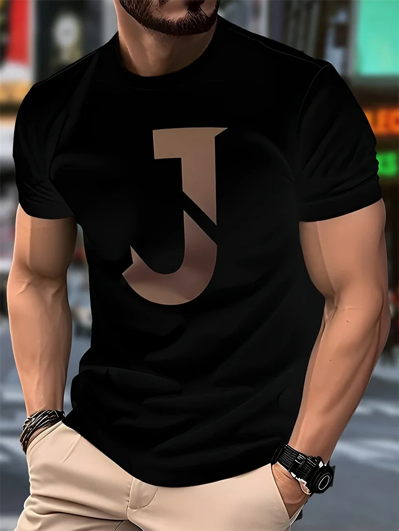 Herren Schwarzes T-Shirt mit Stylischem J-Buchstaben-Print Rundhals Kurzarm Lässiges Streetwear-Shirt