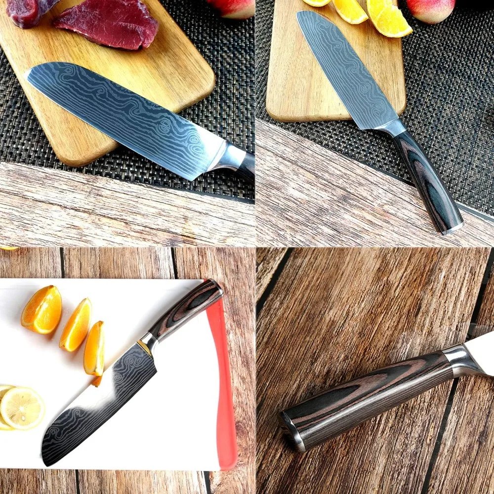 Couteau multi-usages japonais, couteau d'office en acier inoxydable, couteau de Chef à manche en bois pour couper des Fruits et légumes