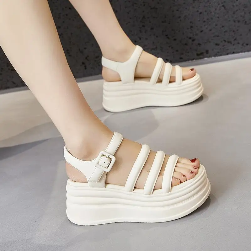 

Roman Style Thick Heel Sandals Women's Leather Slip-On Beach Shoes Open-Toe Lightweight Flat Heel PU Sole Cow Split Leather