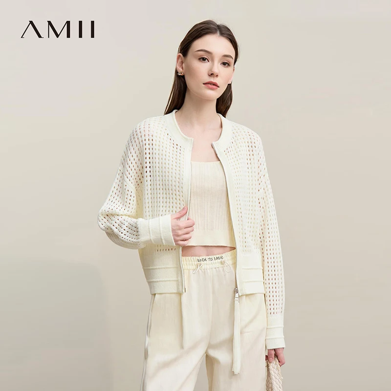 

Amii Cardigan For Women 2026 Spring New Casual O-Neck Drop Shoulder Sleeve Zipper Hollow Cardigan Light Short Knitwear 12641030