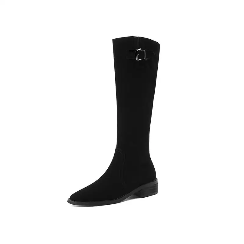 Krazing Pot Cow Suede Nubuck Round Toe Thick Heels Riding Boots Metal Buckle Keep Warm British School Slip On Thigh High Boots