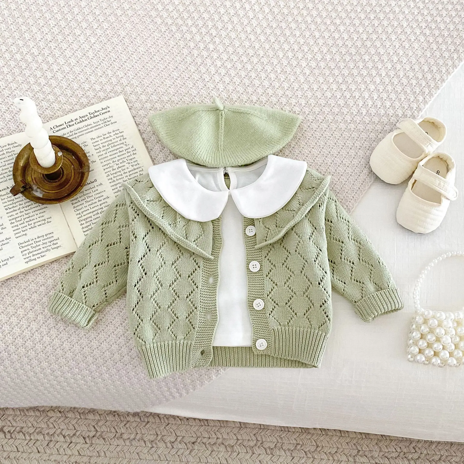 Autumn 0-3 Year Old Baby Girl Sweater Hollow Cotton Yarn Knit Ruffle Collar Long Sleeve Infant Girls Coat Toddler Girls Outfit