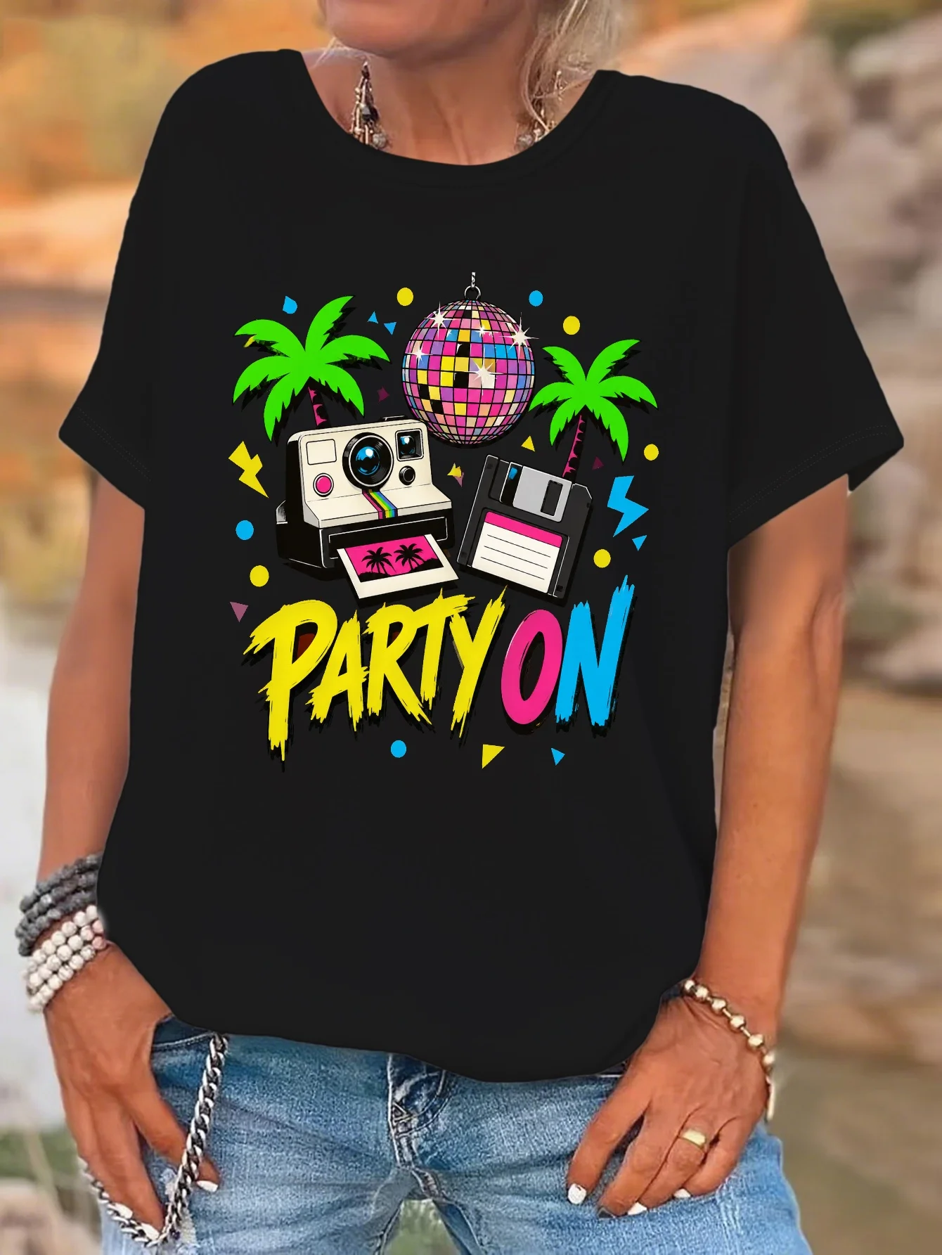 Cute Retro Party On Disco Ball Palm Tree Camera Art Print Graphic Ladies T Shirt Short Sleeve Crew Neck Casual Daily Tee Tops