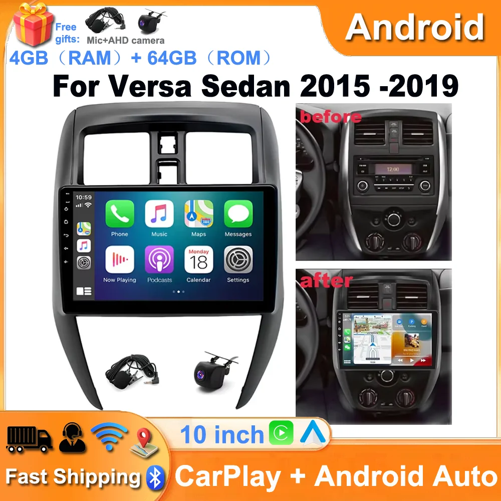 For Carplay Car Stereo Radio Screen GPS NAVI RDS / Microphone Multimedia Player AHD Camera For Versa Sedan 2015 -2019 Android 14