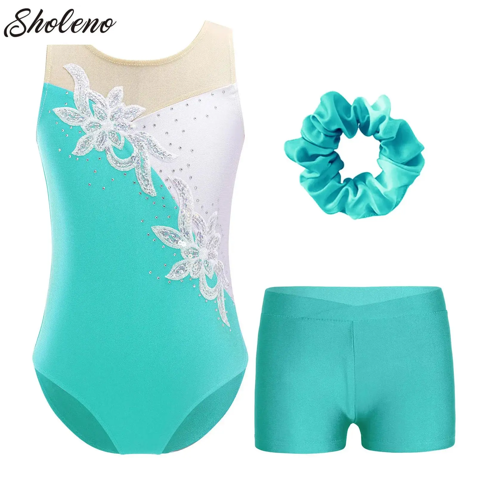 

Girls Figure Skating Leotard Gymnastics Ballroom Ballet Jersey Costumes Rhinestone Bodysuit Shorts Hair Band Yoga Workout Suit