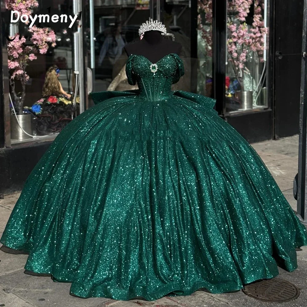 

Doymeny Sequined Off Shoulder Ball Gown Quinceanera Dresses Ruffled Tiered Sweep Train Sleeveless Sweet 16 Vestidos De 15 Años