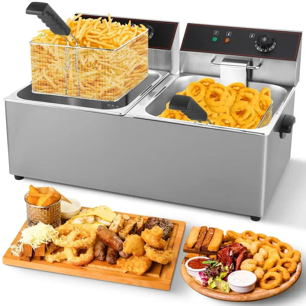 Kommerzielle Fritteuse mit Doppeltank, 4000 W, elektrische Fritteusen aus Edelstahl mit Körben, Temperaturregelung, professionelle Qualität
