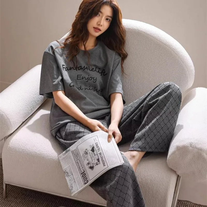 Women\'s Fall and Winter Pajamas Short-Sleeved Pants Suit Sleepwear Homewear Letters Strawberry Plaid Pants Nightwear Loungewear