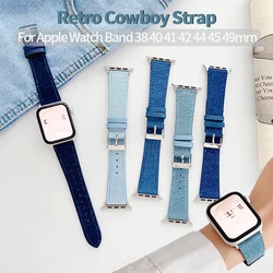 Denim Leather Strap for Apple Watch Band 40mm 44mm 42mm 49mm 45mm 41mm Jeans Bracelet for iWatch Series 7 8 9 Se 6 5 4 3 Ultra 2