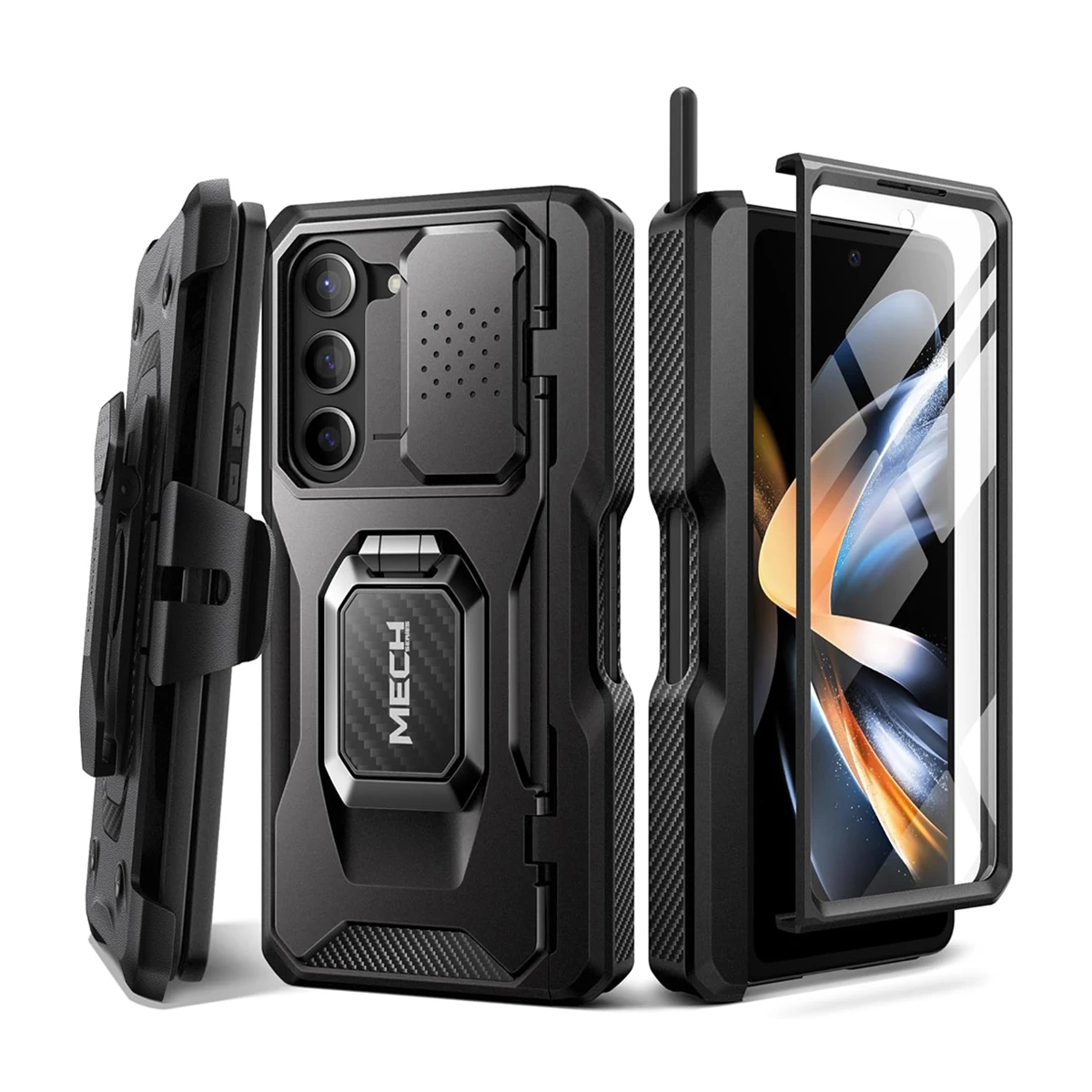 For Samsung Galaxy Z Fold 5 Rugged Shockproof Case with Ring Stand Built-in S Pen Holder rotatable Belt Clip Slide Camera Cover