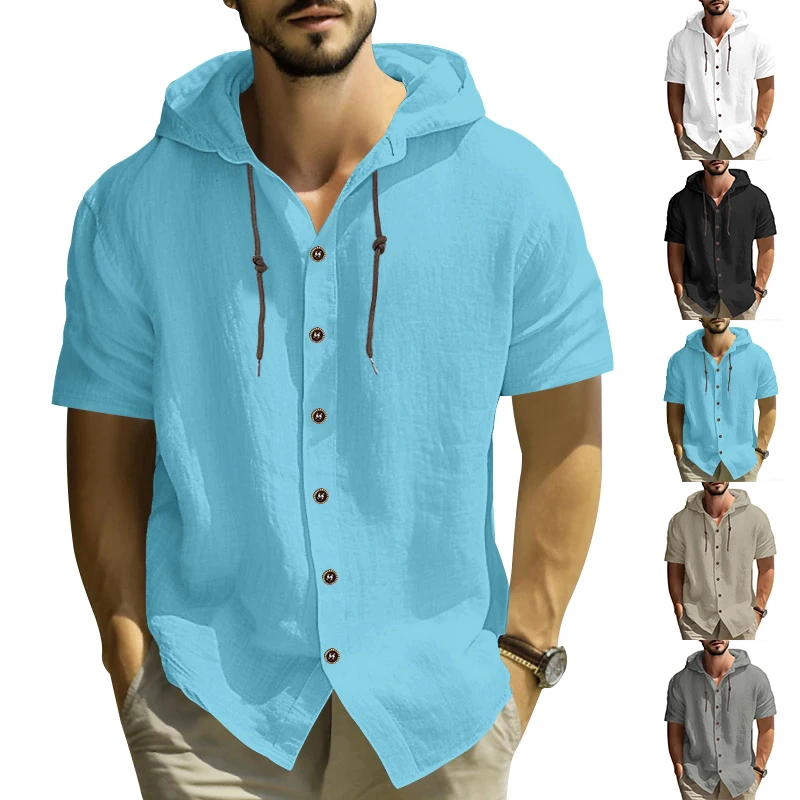 Summer 100% cotton linen men's short sleeved shirt in US size solid color hooded casual T-shirt plus size men's clothing