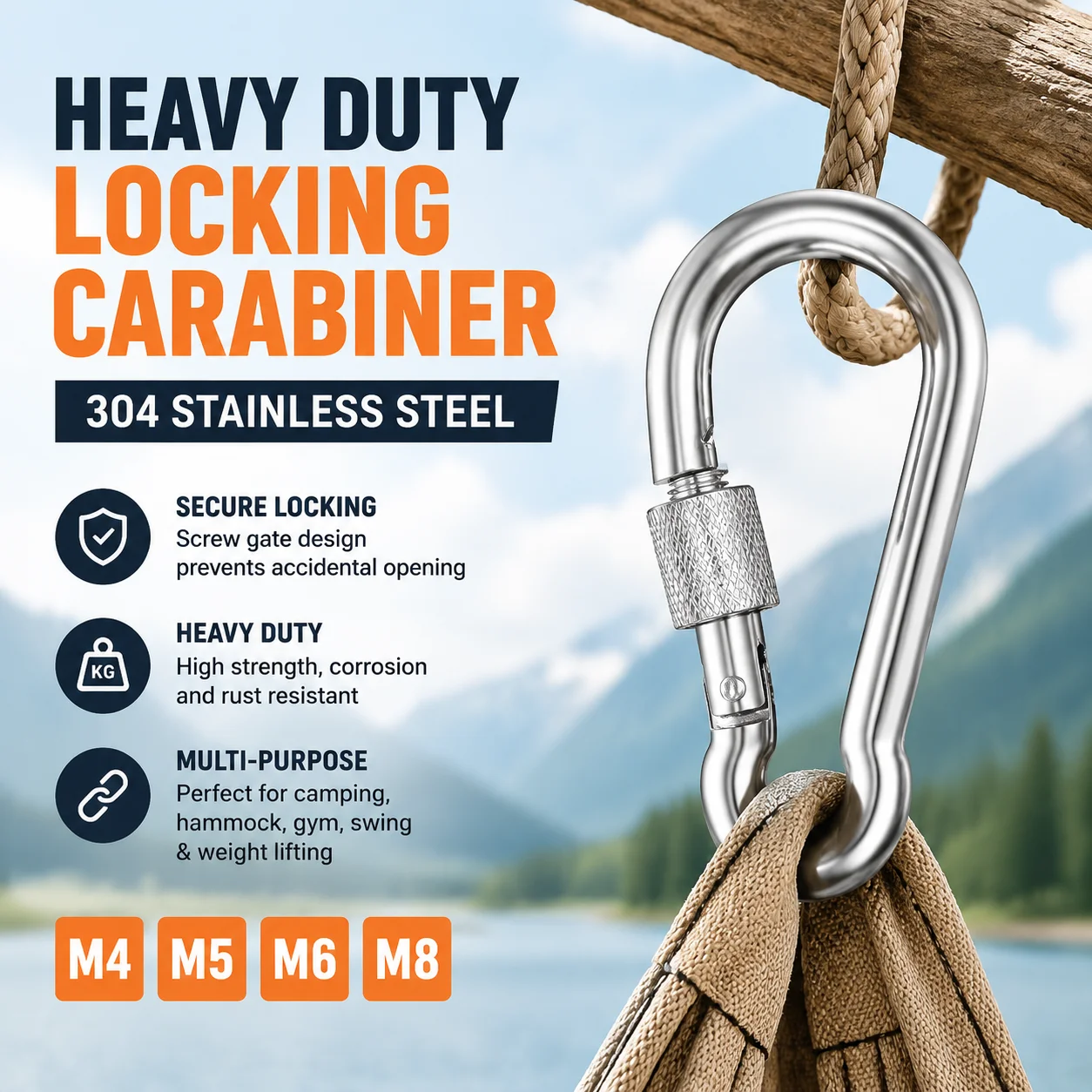 304 Stainless Steel Locking Carabiner Buckle, Heavy Duty Safety Hooks for Camping Hammock Swing Gym Weight Lifting, M4 M5 M6 M8