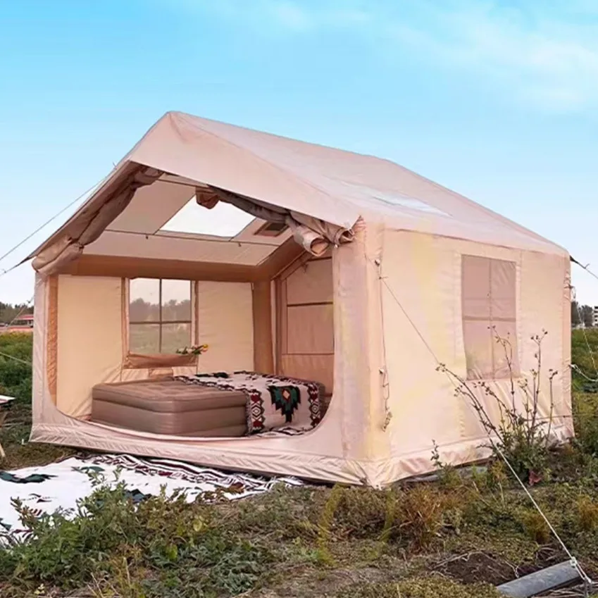 Wholesale Luxury PVC Four-Season Double Layer One Bedroom Inflatable House Tent Stock Waterproof Portable Stove Hole for 4-6