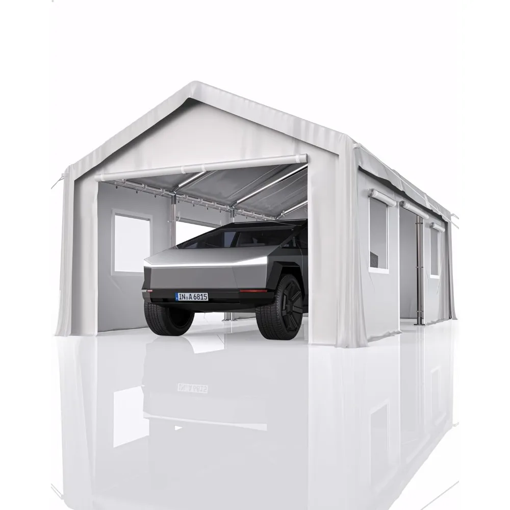 

20'x13'x11' Heavy Duty Carport White 8 Reinforced Leg Bars & 14 Mil PE Canopy With 4 Roller Shutter Doors & Ventilation Windows