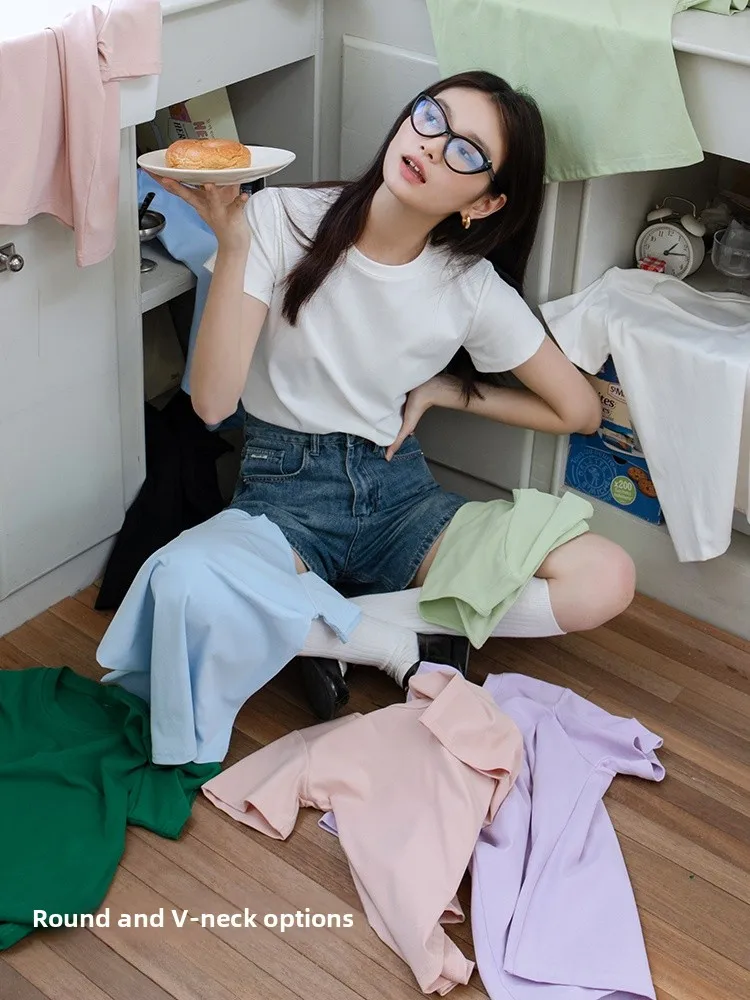 

Белая круглая футболка Ne ort Sve Женская однотонная футболка с v-образным вырезом Slim Fit ort Length Top EGGKA Commute Sle Cotton