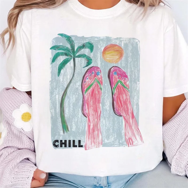 Chill Beach Pattern Printed Cartoon Top Basic T-Shirt Sweet Short Sleeve Travel Summer Travel Style Cute Regular White T-Shirt