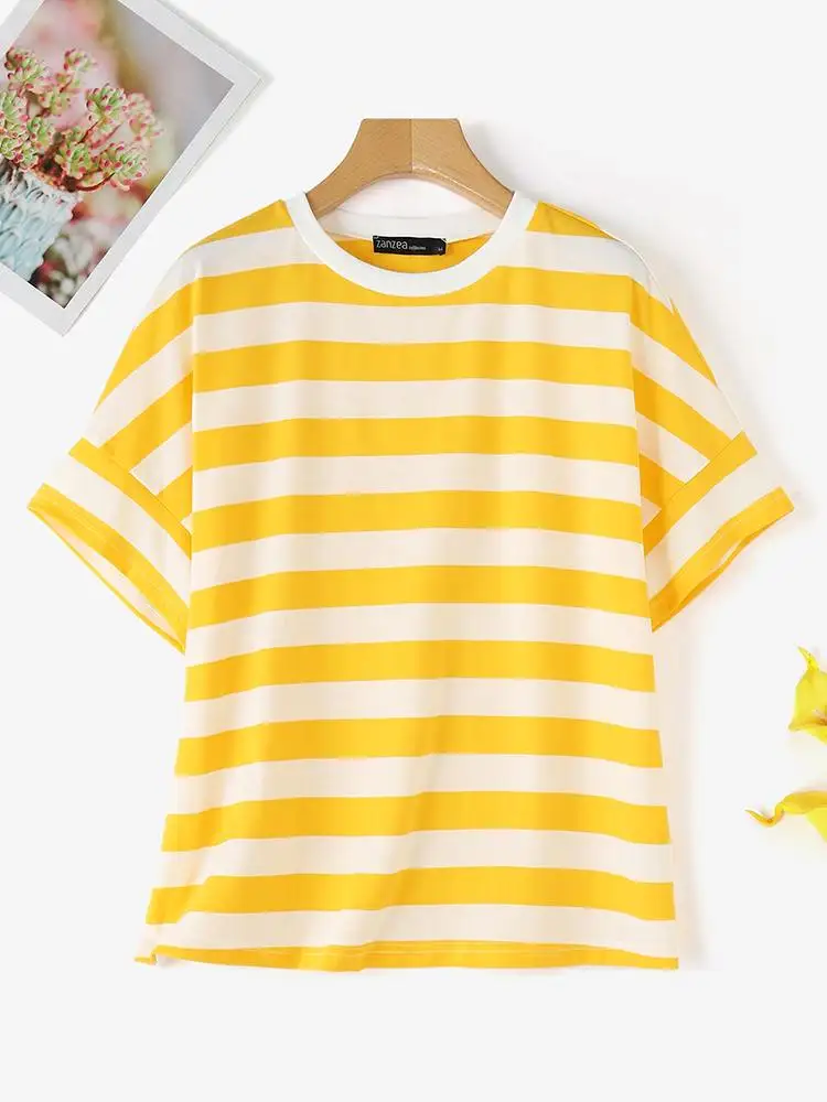 ZANZEA Women Striped T Shirt Summer Drop Shoulder Short Sleeve Round Neck Casual Loose Tops Plus Size