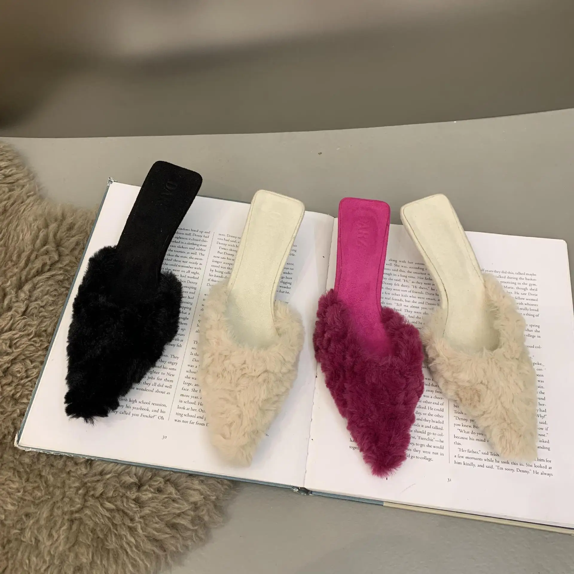 High Heels Fur Women Slippers Pointed Toe Sexy Warm Plush Shoes Women Flip Flop Slingback Slides Mujer Elegant Chaussure Femme