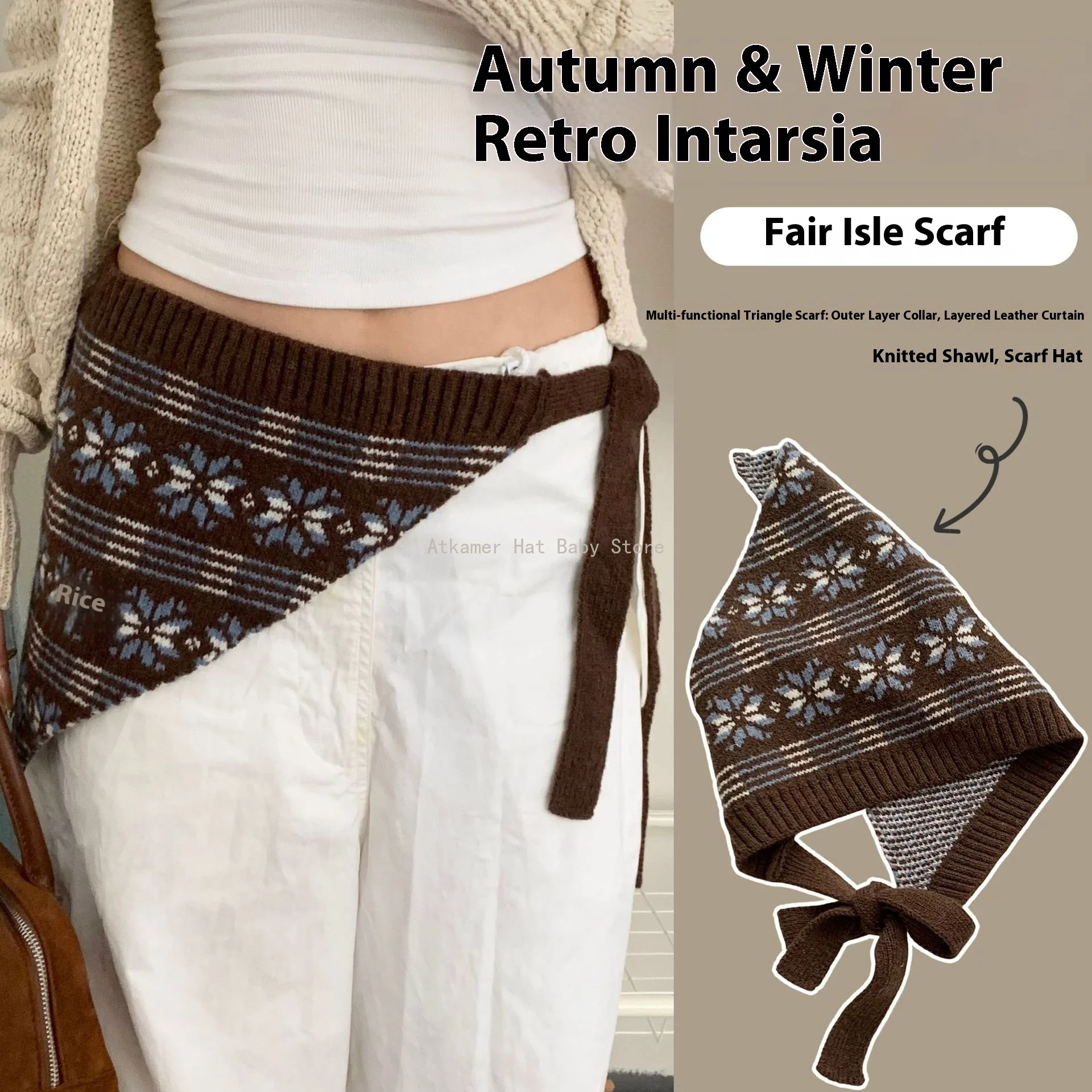 

Retro Knitted Triangle Headscarf Warm Printed Apron Wrap Cummerbund Vintage Ethnic Style Waist Band Streetwear