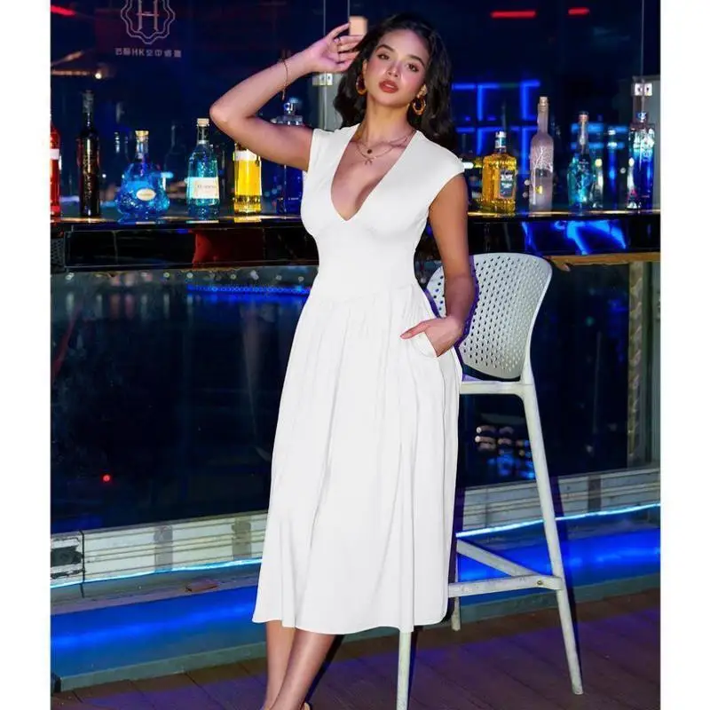 

New Cross-Border Women's Summer Casual Deep ort Sve Pleated Swing Middle Length Seven Sve Sportswear Set