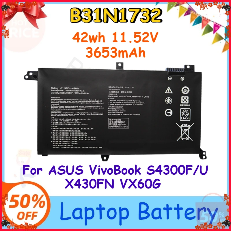 

B31N1732 42wh 11.52V 3653mAh Laptop Battery for ASUS VivoBook S4300F/U X430FN VX60G Hot Sale
