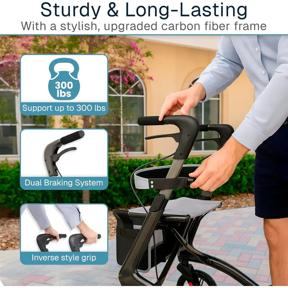 رولیتر من ألياف الكربون خفيف الوزن مع مقعد لكبار السن - قابل للطي، قابل للتعديل، مساعد على التنقل لجميع التضاريس، 300 رطلاً #5