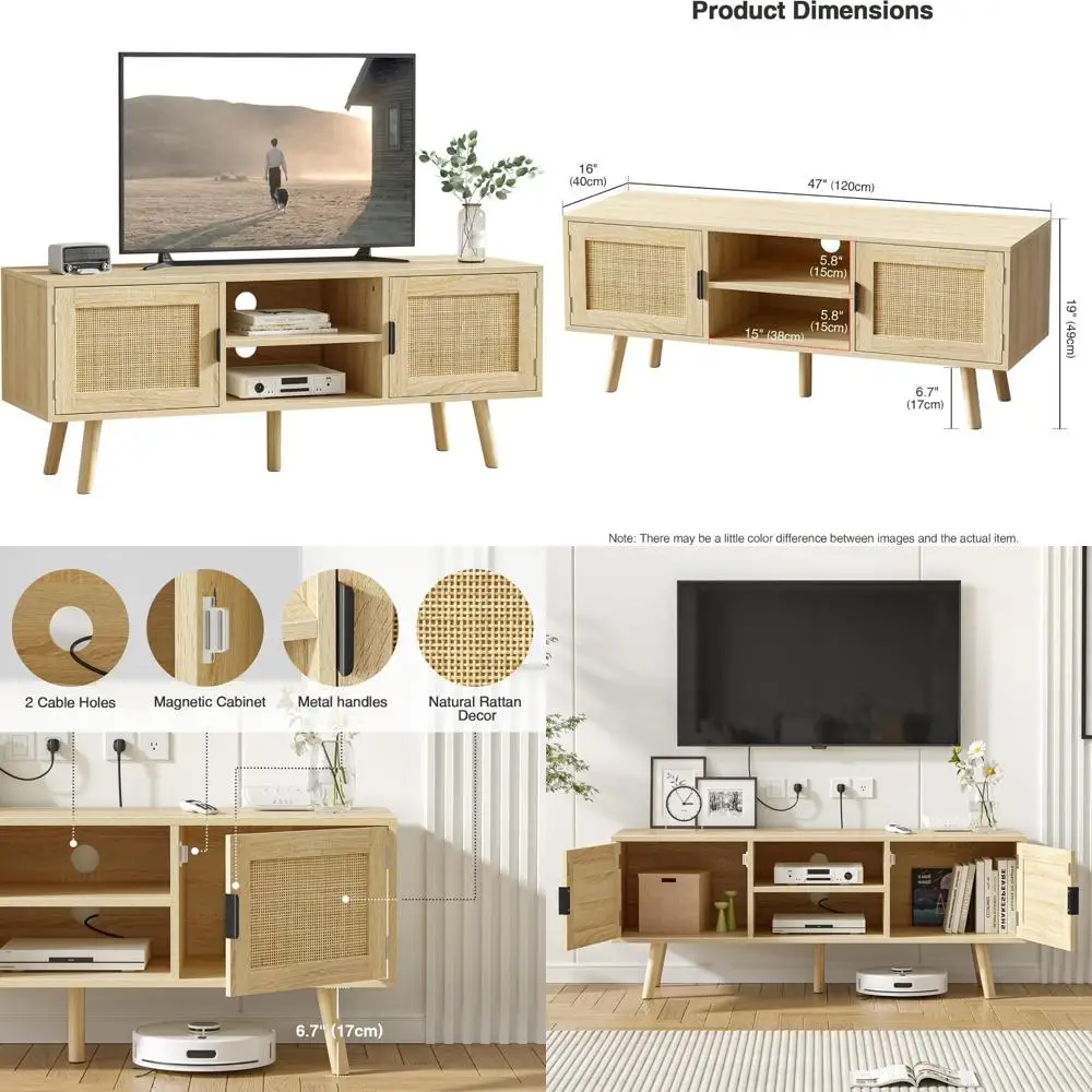 Modern 55-Inch TV Entertainment Center with 2 Doors and 2 Shelves, Boho Style Media Console for Living Room
